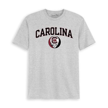 Heather gray Carolina collegiate t-shirt with Gamecocks logo and Steal Your Face graphic. Class Trip | Officially Licensed Collegiate Apparel