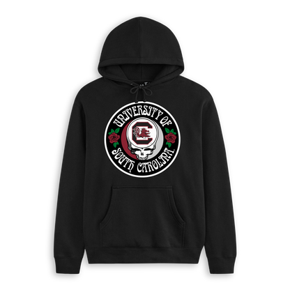 Black hoodie with University of South Carolina logo, red roses, and skull graphic. Class Trip | Officially Licensed Collegiate Apparel