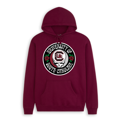 Maroon hoodie featuring University of South Carolina logo, skull and roses graphic. Class Trip | Officially Licensed Collegiate Apparel