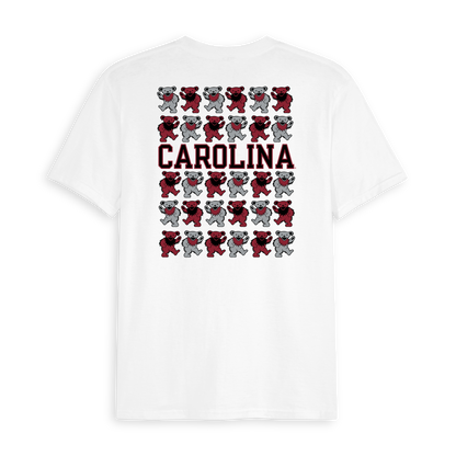 White tee featuring maroon and gray dancing bear graphics with CAROLINA text on back. Class Trip | Officially Licensed Collegiate Apparel