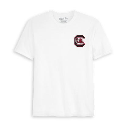 White t-shirt with South Carolina Gamecocks logo on chest. Class Trip | Officially Licensed Collegiate Apparel