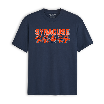 Navy tee with Syracuse text, cartoon orange mascot, and dancing bears graphic. Class Trip | Officially Licensed Collegiate Apparel