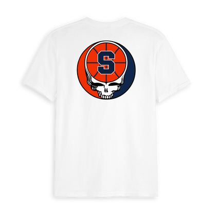 White tee featuring Syracuse S basketball and skull graphic on back. Class Trip | Officially Licensed Collegiate Apparel