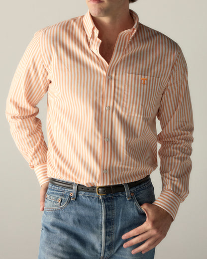Men's orange striped button-up shirt with pocket logo, casual collegiate style. Class Trip | Officially Licensed Collegiate Apparel