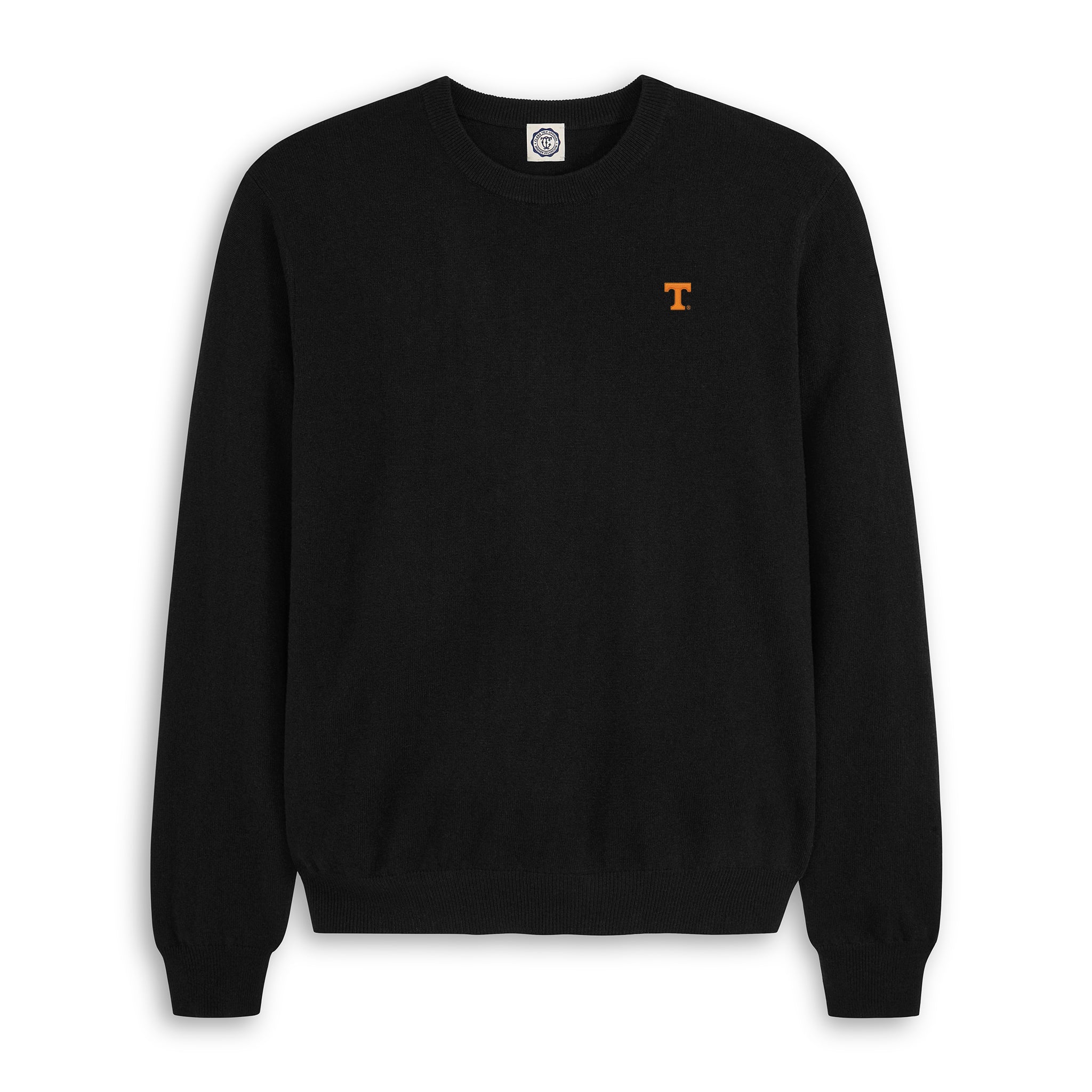 Men's black merino crewneck sweater with orange collegiate T logo, Class Trip | Officially Licensed Collegiate Apparel