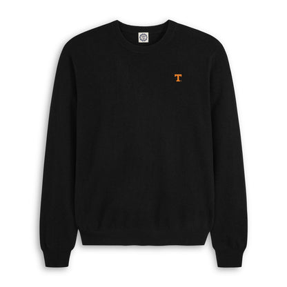 Men's black merino crewneck sweater with orange collegiate T logo, Class Trip | Officially Licensed Collegiate Apparel