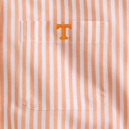 Men's orange and white striped poplin shirt pocket with embroidered letter T. Class Trip | Officially Licensed Collegiate Apparel