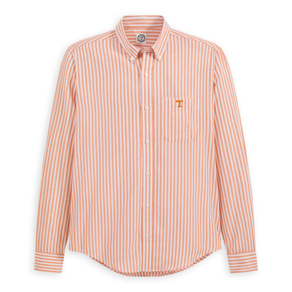 Men's orange and white striped button-down poplin shirt with chest pocket T logo. Class Trip | Officially Licensed Collegiate Apparel