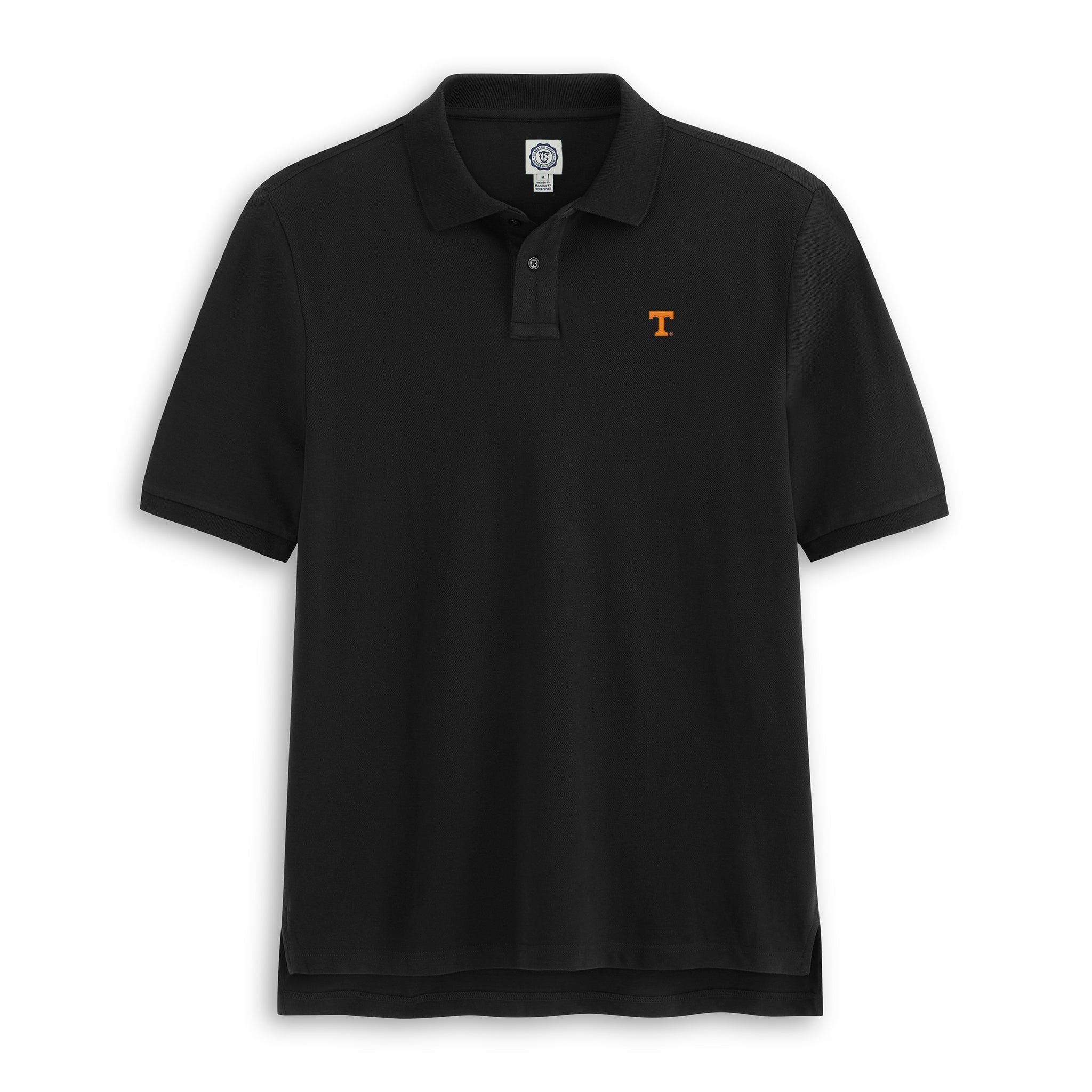 Black collegiate pique polo shirt with orange embroidered T logo, short sleeves, front view. Class Trip | Officially Licensed Collegiate Apparel
