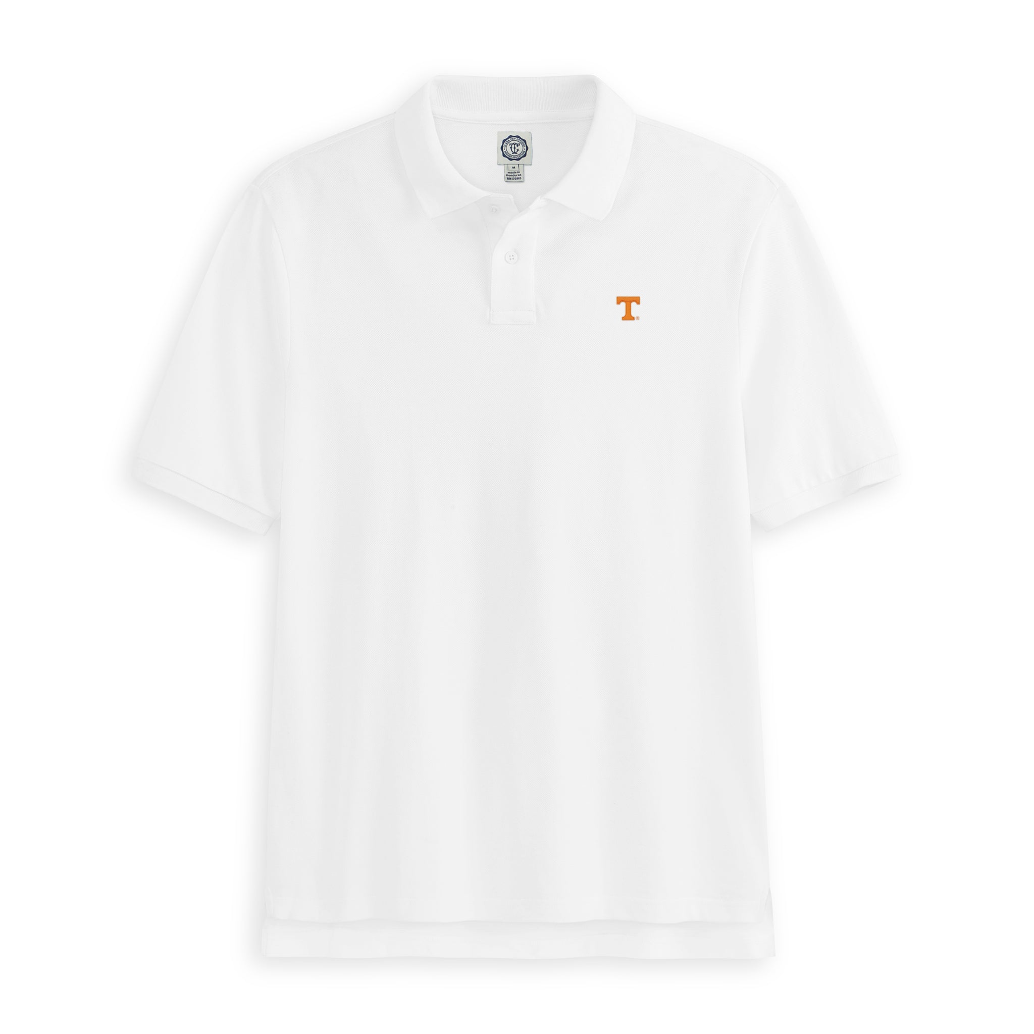 White collegiate polo shirt with orange T logo, short sleeves, flat lay. Class Trip | Officially Licensed Collegiate Apparel