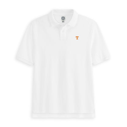 White collegiate polo shirt with orange T logo, short sleeves, flat lay. Class Trip | Officially Licensed Collegiate Apparel
