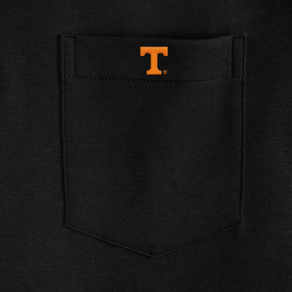 Black polo shirt pocket with orange collegiate T emblem, Class Trip | Officially Licensed Collegiate Apparel