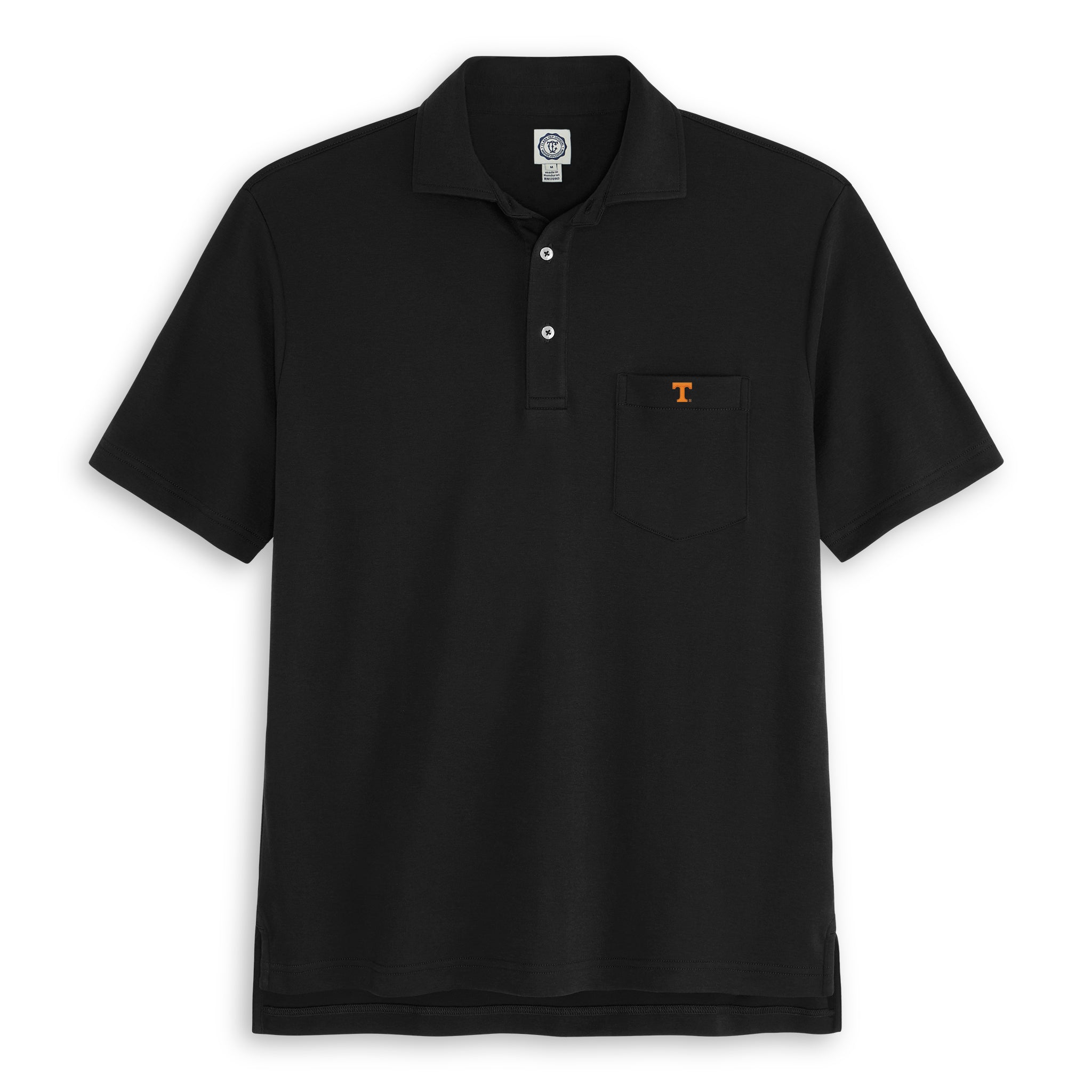 Black collegiate polo shirt with front pocket and orange letter T logo, short sleeves. Class Trip | Officially Licensed Collegiate Apparel