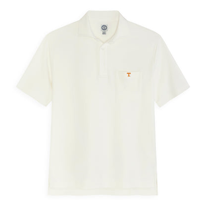 White collegiate short sleeve polo shirt with front chest pocket and orange T logo. Class Trip | Officially Licensed Collegiate Apparel