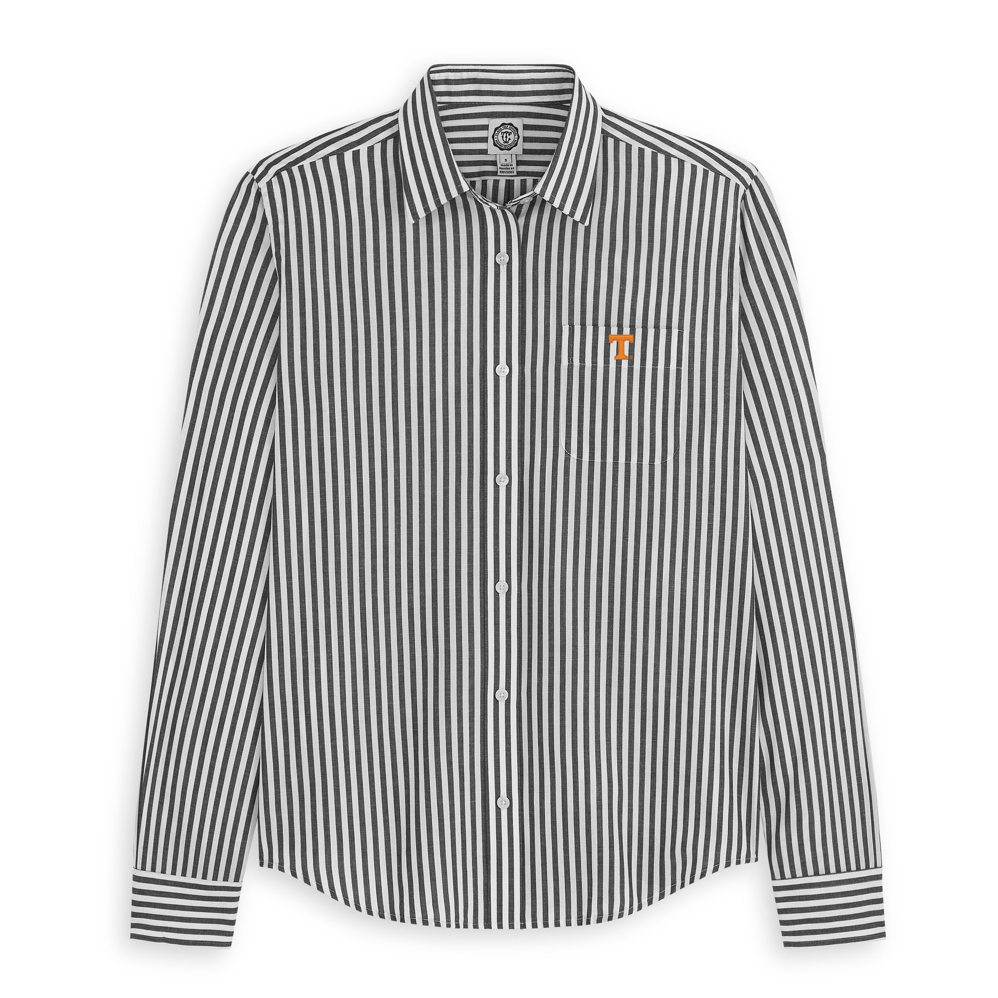 Women's black and white vertical stripe poplin shirt with orange letter patch on chest pocket, Class Trip | Officially Licensed Collegiate Apparel