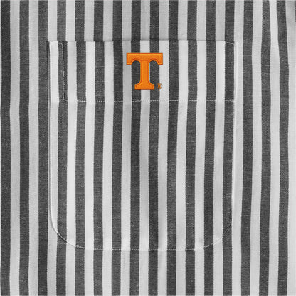 Close-up of black and white striped pocket with embroidered orange collegiate T logo. Class Trip | Officially Licensed Collegiate Apparel