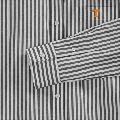 Women's black and white striped poplin shirt with orange collegiate T embroidery, button detail. Class Trip | Officially Licensed Collegiate Apparel