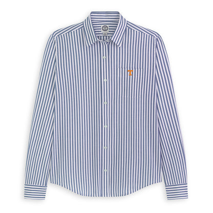 Women's blue and white striped poplin shirt with embroidered collegiate logo on chest pocket. Class Trip | Officially Licensed Collegiate Apparel