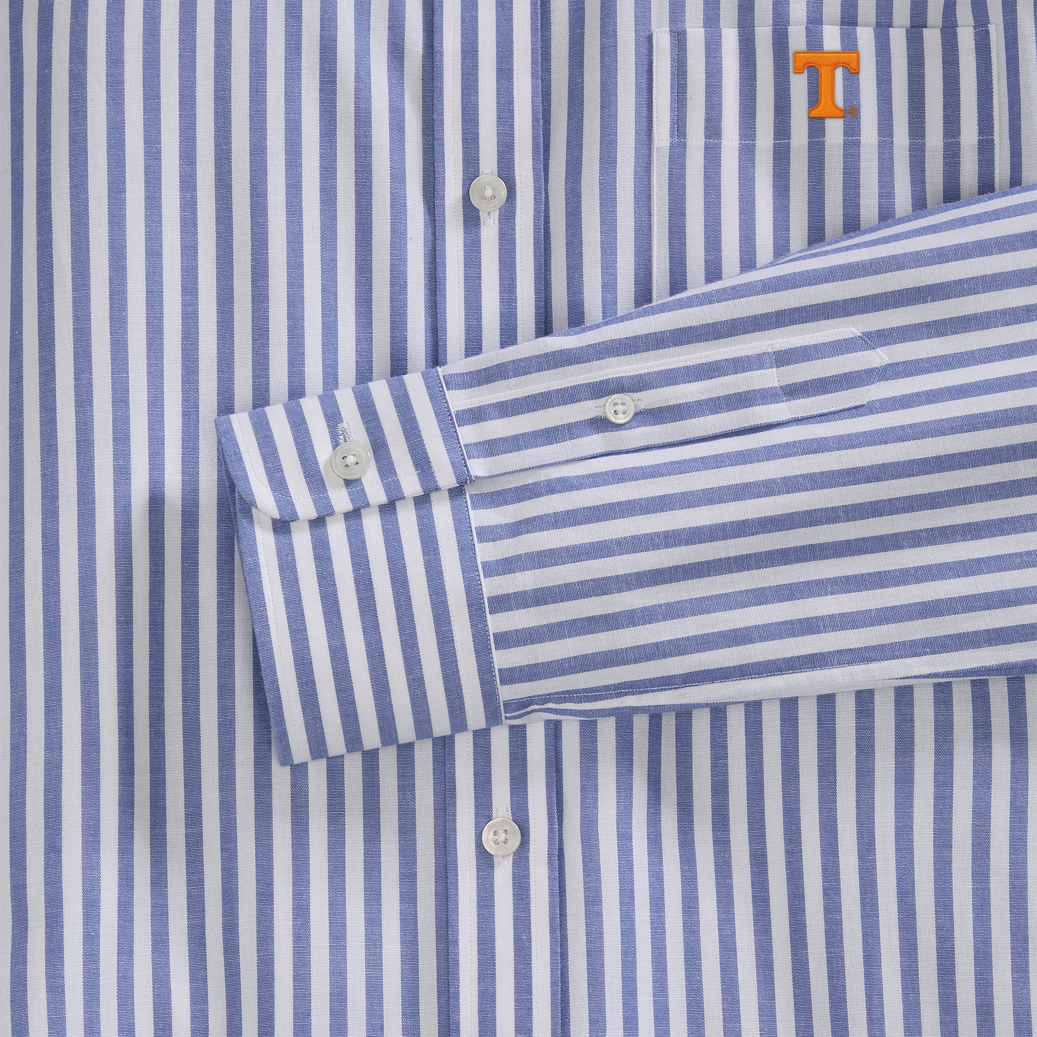 Blue and white striped women's poplin shirt with orange embroidered T detail, Class Trip | Officially Licensed Collegiate Apparel