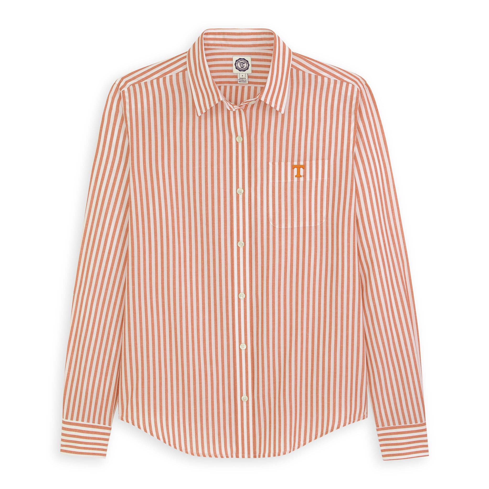 Women's orange and white striped button-down shirt with chest pocket, collegiate logo. Class Trip | Officially Licensed Collegiate Apparel