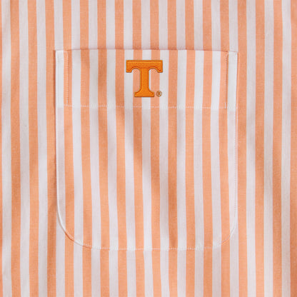 Closeup of orange and white striped shirt pocket with embroidered collegiate letter T logo, Class Trip | Officially Licensed Collegiate Apparel