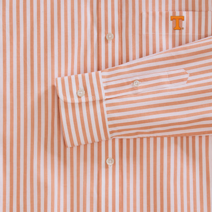 Close-up of orange and white striped poplin shirt with embroidered T logo on pocket, Class Trip | Officially Licensed Collegiate Apparel