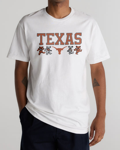 White Class Trip t-shirt with TEXAS text, longhorn logo, and dancing bears. Texas x Grateful Dead Mascot Bears Tee Class Trip | Higher Education