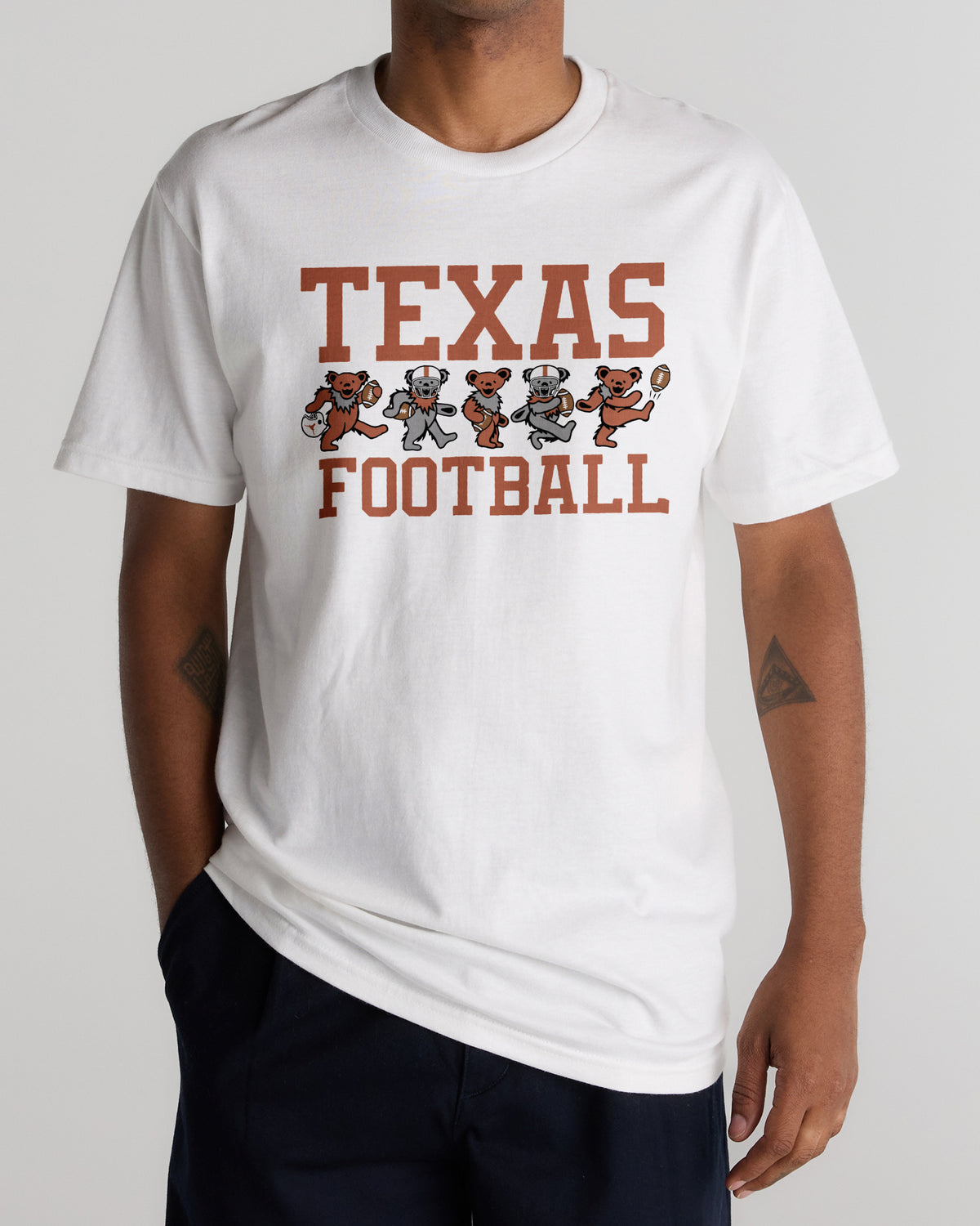 White Class Trip t-shirt with Texas Football bears graphic. Texas x Grateful Dead Football Bears Tee Class Trip | Higher Education
