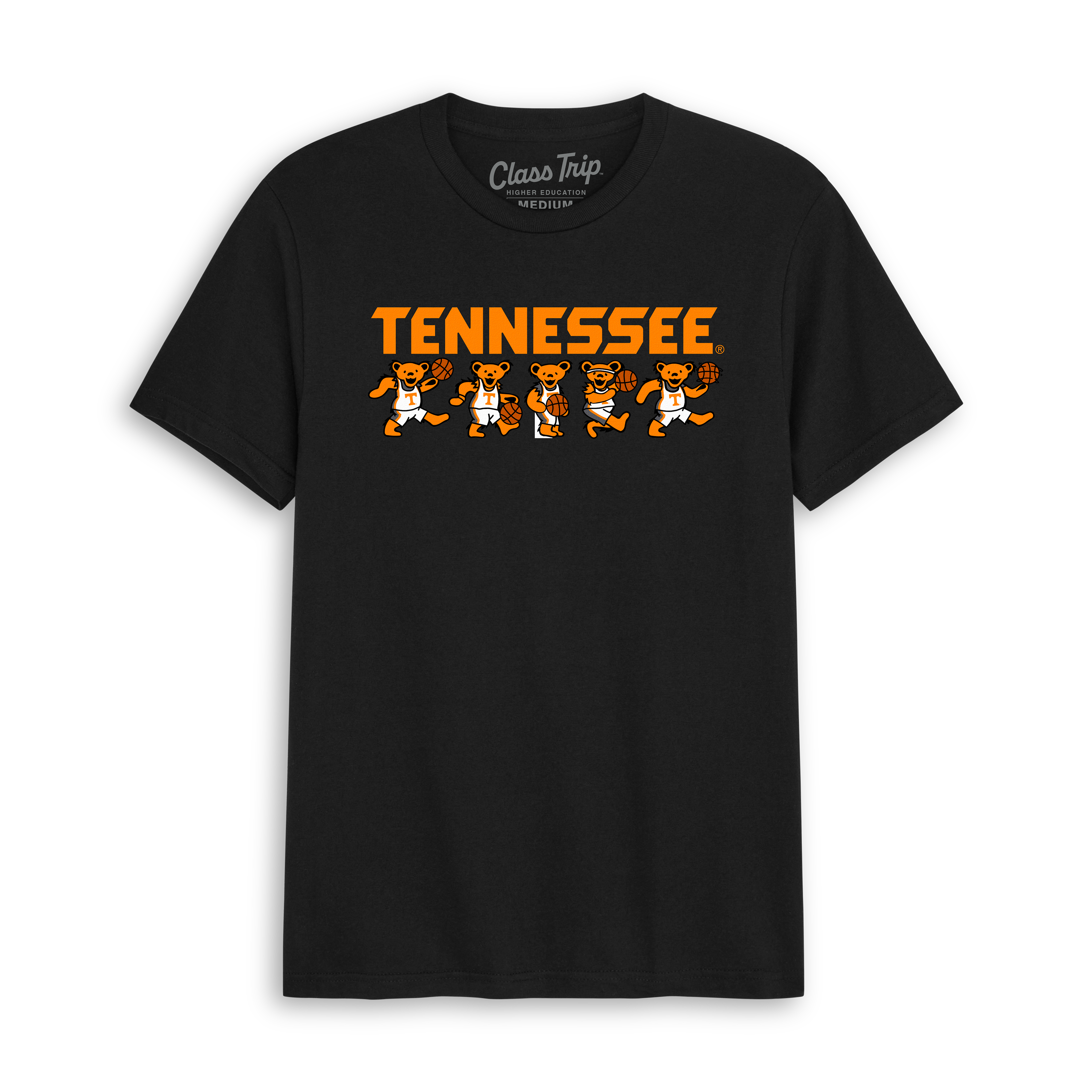 Black Tennessee t-shirt with cartoon basketball bears graphic, collegiate spirit. Class Trip | Officially Licensed Collegiate Apparel