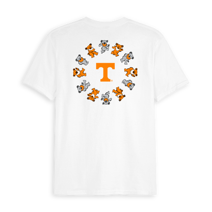 White T-shirt with orange Tennessee logo and Grateful Dead dancing bears in a circle. Class Trip | Officially Licensed Collegiate Apparel