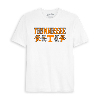 White Tennessee mascot bear graphic tee with collegiate lettering. Class Trip | Officially Licensed Collegiate Apparel