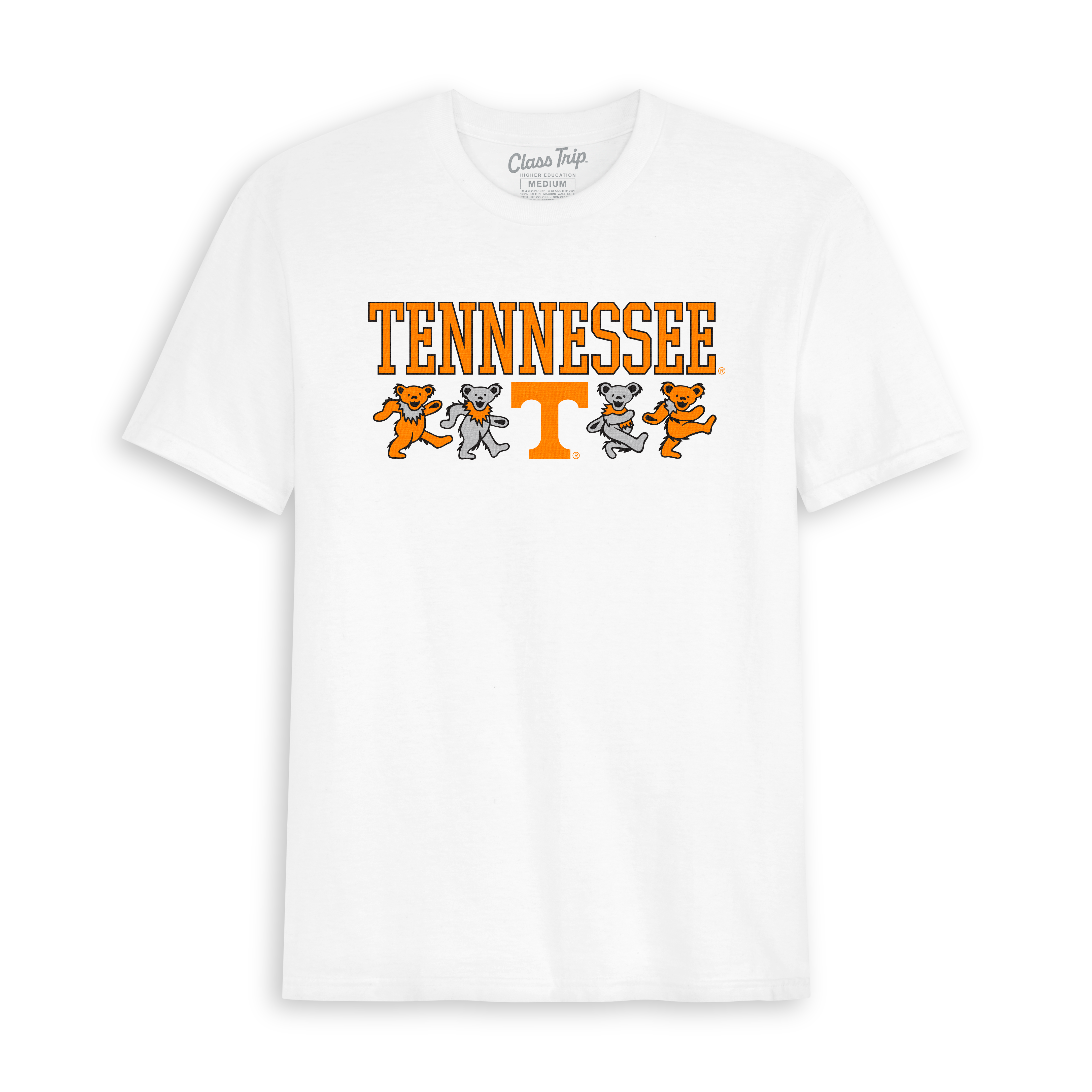 White Tennessee mascot bear graphic tee with collegiate lettering. Class Trip | Officially Licensed Collegiate Apparel