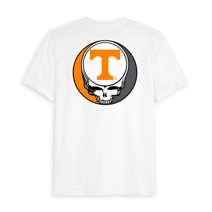 White t-shirt with University of Tennessee T logo in orange and black skull graphic. Class Trip | Officially Licensed Collegiate Apparel