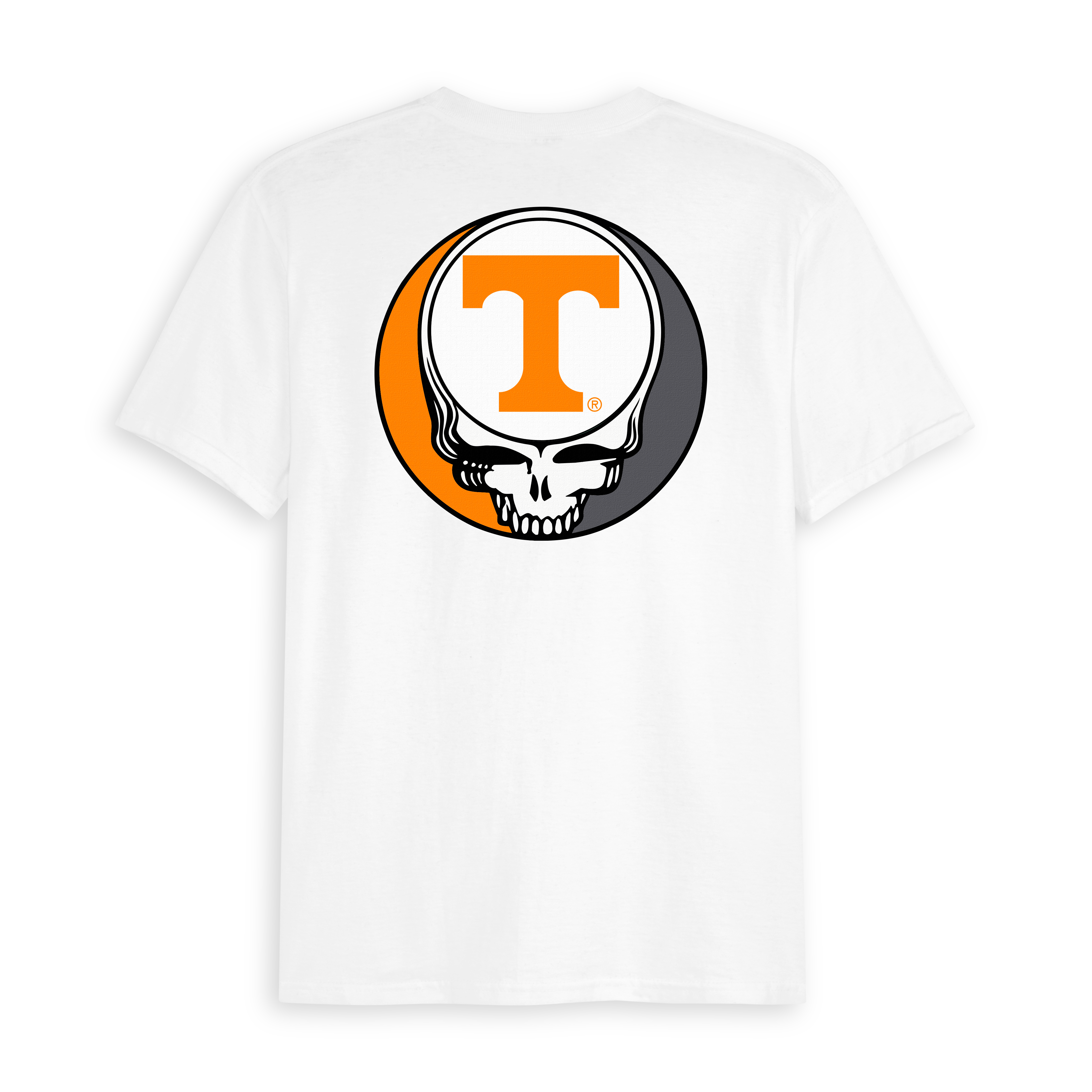 White t-shirt with University of Tennessee T logo in orange and black skull graphic. Class Trip | Officially Licensed Collegiate Apparel