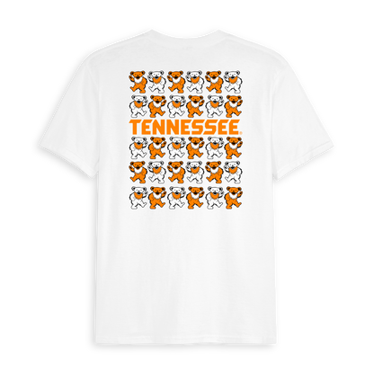 White Tennessee t-shirt with orange and white dancing bears graphic on back. Class Trip | Officially Licensed Collegiate Apparel