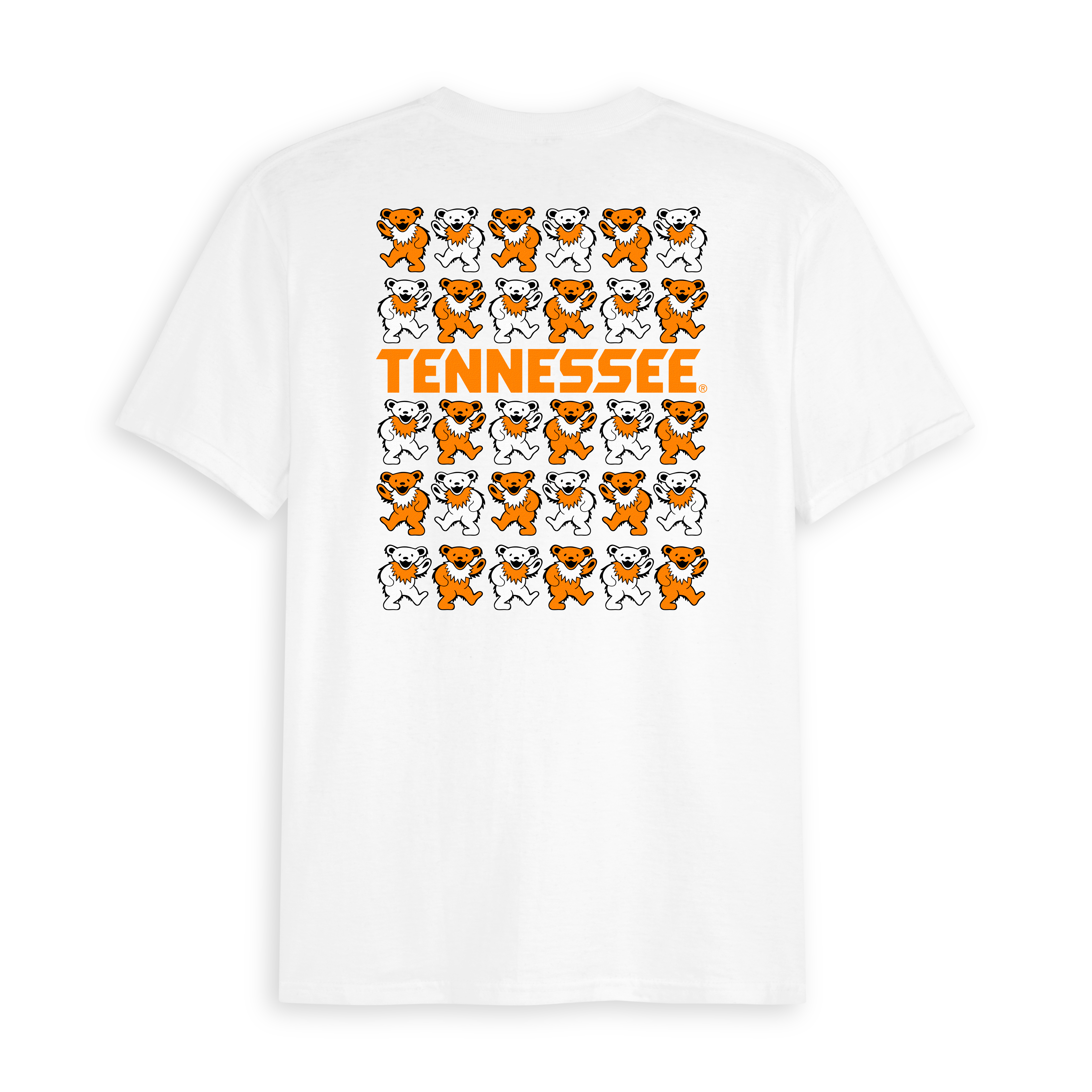 White Tennessee t-shirt with orange and white dancing bears graphic on back. Class Trip | Officially Licensed Collegiate Apparel