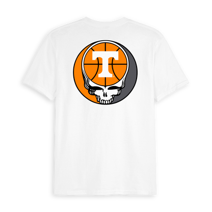 White t-shirt with Tennessee basketball and skull graphic on back. Class Trip | Officially Licensed Collegiate Apparel
