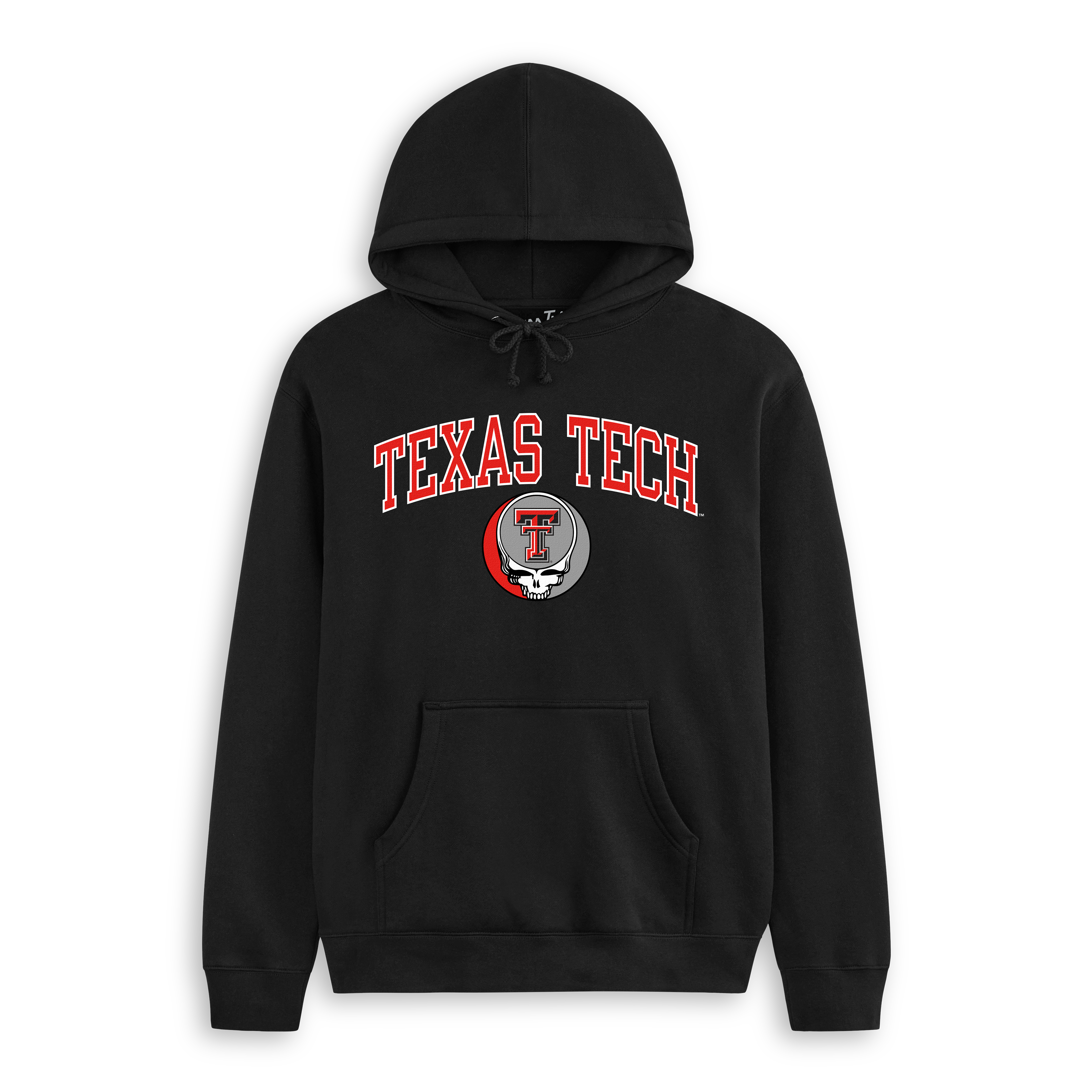 Black hoodie with Texas Tech logo and skull graphic on front, collegiate apparel. Class Trip | Officially Licensed Collegiate Apparel