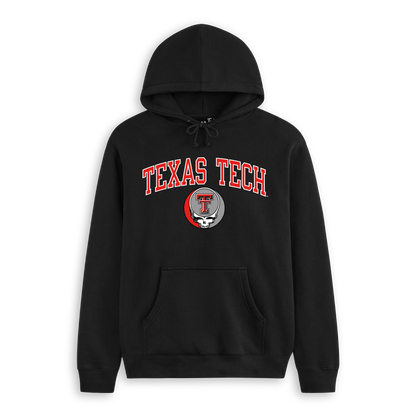 Black hoodie with Texas Tech logo and skull graphic on front, collegiate apparel. Class Trip | Officially Licensed Collegiate Apparel