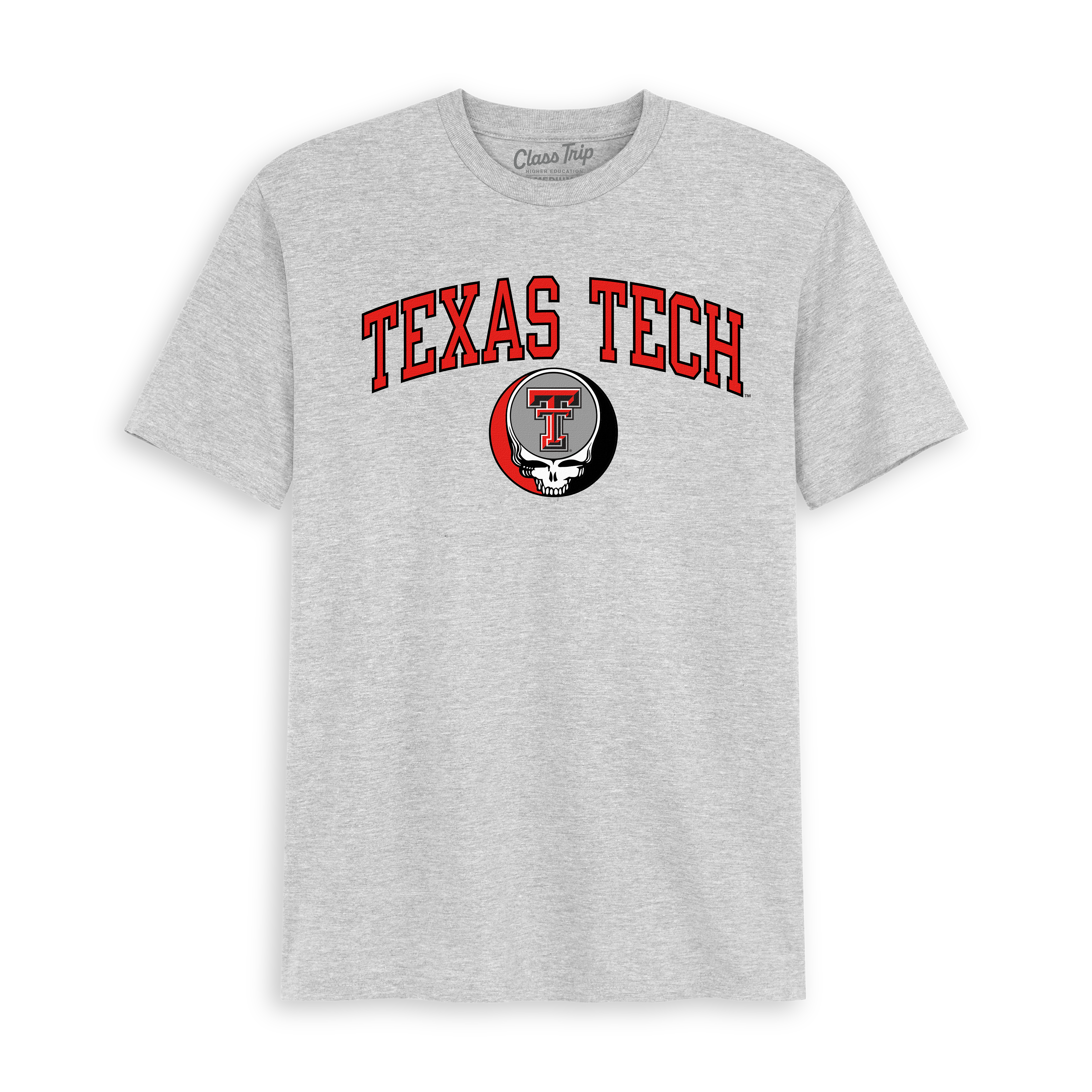 Gray t-shirt with Texas Tech logo and Grateful Dead skull graphic. Class Trip | Officially Licensed Collegiate Apparel