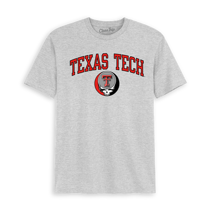 Gray t-shirt with Texas Tech logo and Grateful Dead skull graphic. Class Trip | Officially Licensed Collegiate Apparel