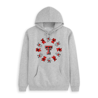 Gray collegiate hoodie with Texas Tech logo and Grateful Dead bears in a circle, Class Trip | Officially Licensed Collegiate Apparel