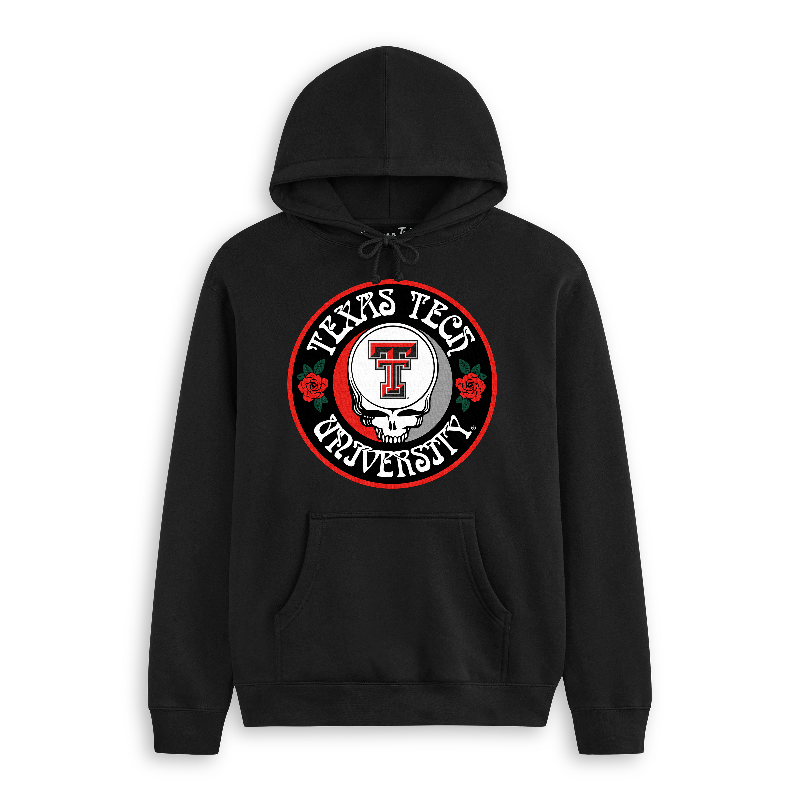 Black hoodie featuring Texas Tech University logo with skull, roses, and bold collegiate design. Class Trip | Officially Licensed Collegiate Apparel