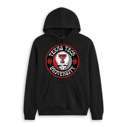 Black hoodie featuring Texas Tech University logo with skull, roses, and bold collegiate design. Class Trip | Officially Licensed Collegiate Apparel