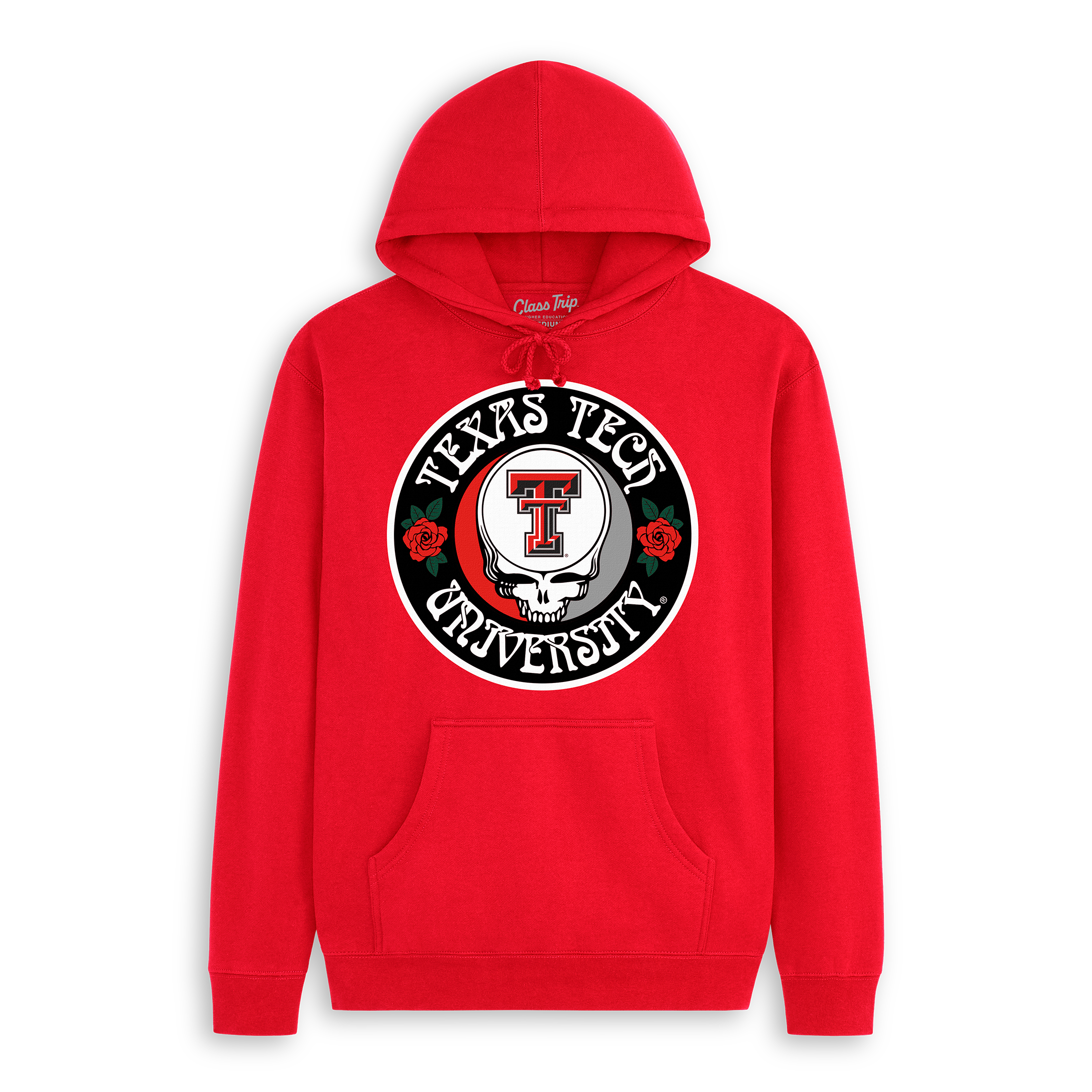 Red hoodie featuring Texas Tech University logo with skull and roses graphic, college apparel. Class Trip | Officially Licensed Collegiate Apparel