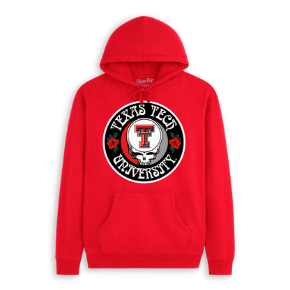 Red hoodie featuring Texas Tech University logo with skull and roses graphic, college apparel. Class Trip | Officially Licensed Collegiate Apparel