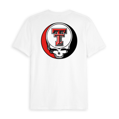 White collegiate tee with Texas Tech logo and skull graphic on back, Class Trip | Officially Licensed Collegiate Apparel