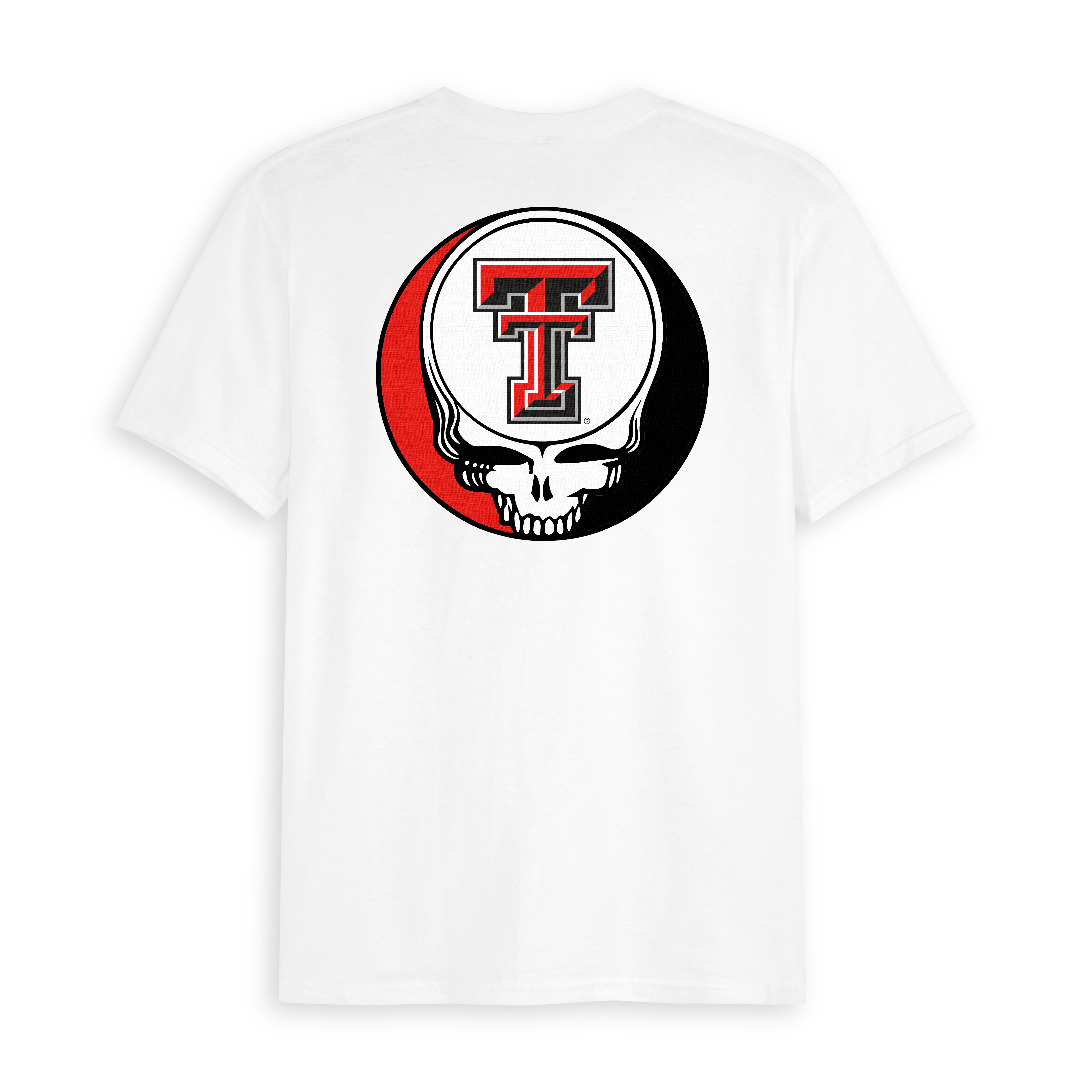 White collegiate tee with Texas Tech logo and skull graphic on back, Class Trip | Officially Licensed Collegiate Apparel