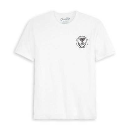 White collegiate graphic tee with Texas Tech and skull motif on chest. Class Trip | Officially Licensed Collegiate Apparel