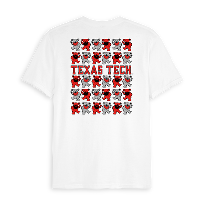 White Texas Tech t-shirt featuring rows of red and gray dancing bears. Class Trip | Officially Licensed Collegiate Apparel